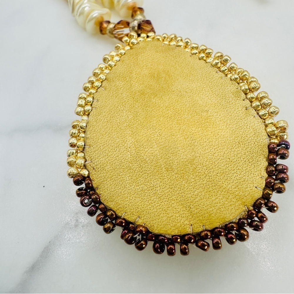 Vintage Stone Pendant Necklace Embroidery Bead Edge Leather Back 25” Long 70s - Picture 3 of 10